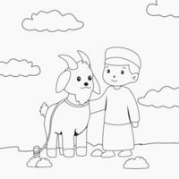 cabra con chico musulmán personaje colorante página para niños vector