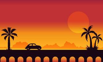 Flat illustration of a sunset view with a retro style car silhouette vector