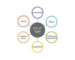 6 Cs Of TQM or Total Quality Management for Commitment, culture, customer focus, Continuous improvement, cooperation, control vector