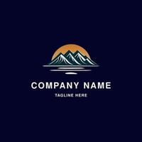 A logo design featuring a stylized mountain with a sunset in the background vector