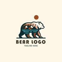 A simple and stylized logo featuring the silhouette of a bear head , forest,hill, and water minimalist logo vector