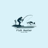 a man fishing logo with catching fish on the bottom, logo template vector