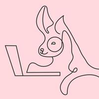 Line Art Illustration of Dog Using Laptop on Pink Background vector