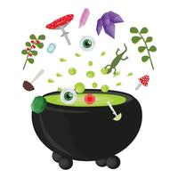 Cauldron with witch's potion and ingredients. illustration isolated on white background. vector