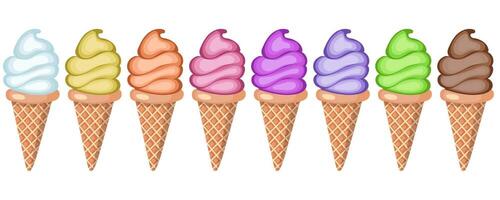 A set of ice cream with different flavors in waffle cones. illustration on white background. vector