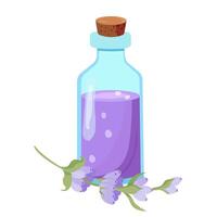 Lavender oil for spa treatments and aromatherapy. Glass bottle with lilac liquid. illustration in flat style on white background. vector