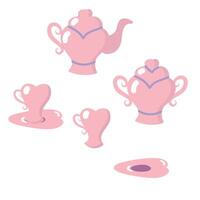 Cute simple pink place setting based on a heart shape. Teapot, sugar bowl, cup and saucer in soft pastel colors. Teaware in carton style. vector