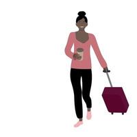 Girl with dark skin color, a paper cup of coffee in one hand and a suitcase in the other, isolated on white, simple illustration, flat style, minimalism vector