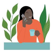 retrato de un niña con oscuro piel a un mesa en un cafetería, un taza en uno mano y un teléfono en el otro, aislado en blanco, sencillo ilustración, plano estilo, minimalismo vector
