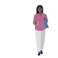 Full length portrait of a black girl with a paper glass of coffee in her hand, isolate on white, flat style, coffee to go vector