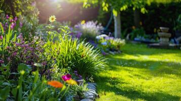 vibrante flores floreciente en jardín, remojo arriba el verano Brillo Solar foto