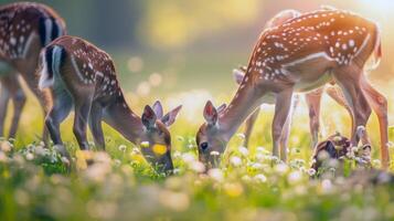 Family of deer grazing in sun-dappled meadow, their coats gleaming in the warm summer sunlight photo