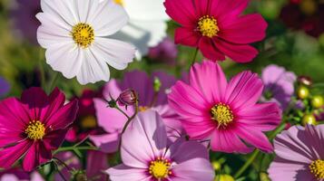 vibrante flores floreciente en jardín, remojo arriba el verano Brillo Solar foto