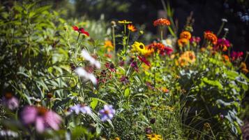 vibrante flores floreciente en jardín, remojo arriba el verano Brillo Solar foto