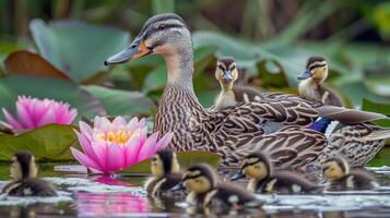 familia de patos nadando en estanque, patitos siguiendo cercanamente detrás, encantador escena de fauna silvestre foto