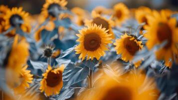 Sunflower field stretching as far as the eye csee, golden seof petals swaying in the summer breeze photo