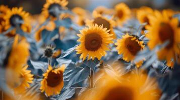 girasol campo extensión como lejos como el ojo cver, dorado seof pétalos balanceo en el verano brisa foto