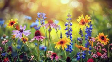 vibrante flores floreciente en jardín, remojo arriba el verano Brillo Solar foto