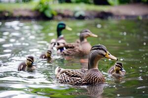 familia de patos nadando en estanque, patitos siguiendo cercanamente detrás, encantador escena de fauna silvestre foto