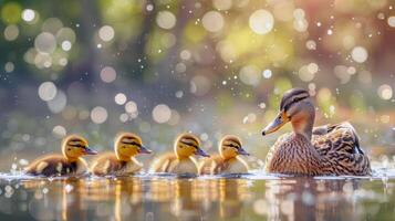 Family of ducks swimming in pond, ducklings following closely behind, charming scene of wildlife photo