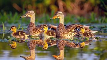 Family of ducks swimming in pond, ducklings following closely behind, charming scene of wildlife photo