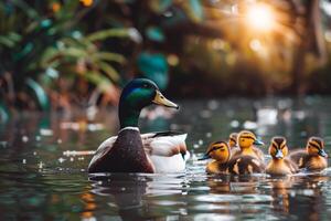 Family of ducks swimming in pond, ducklings following closely behind, charming scene of wildlife photo