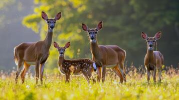 Family of deer grazing in sun-dappled meadow, their coats gleaming in the warm summer sunlight photo