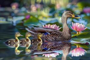 Family of ducks swimming in pond, ducklings following closely behind, charming scene of wildlife photo