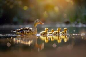 Family of ducks swimming in pond, ducklings following closely behind, charming scene of wildlife photo