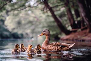 familia de patos nadando en estanque, patitos siguiendo cercanamente detrás, encantador escena de fauna silvestre foto