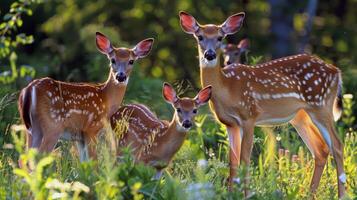 Family of deer grazing in sun-dappled meadow, their coats gleaming in the warm summer sunlight photo