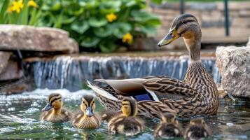 Family of ducks swimming in pond, ducklings following closely behind, charming scene of wildlife photo