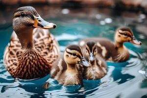 Family of ducks swimming in pond, ducklings following closely behind, charming scene of wildlife photo