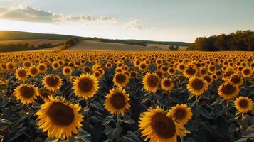 girasol campo extensión como lejos como el ojo cver, dorado seof pétalos balanceo en el verano brisa foto