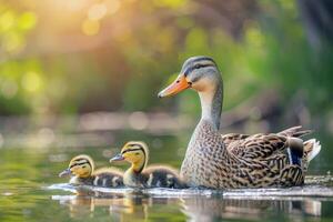 Family of ducks swimming in pond, ducklings following closely behind, charming scene of wildlife photo