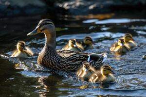 Family of ducks swimming in pond, ducklings following closely behind, charming scene of wildlife photo