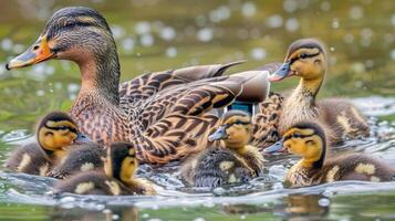 Family of ducks swimming in pond, ducklings following closely behind, charming scene of wildlife photo