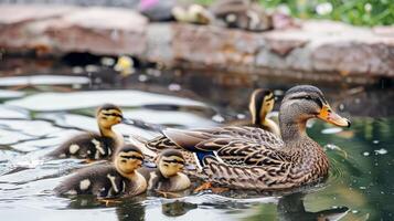 Family of ducks swimming in pond, ducklings following closely behind, charming scene of wildlife photo