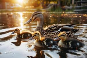 Family of ducks swimming in pond, ducklings following closely behind, charming scene of wildlife photo