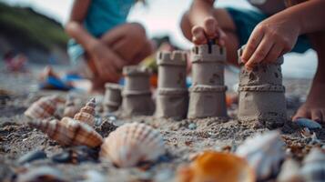 Family building sandcastles on the shore, their creations adorned with seashells and seaweed photo