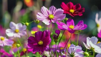 vibrante flores floreciente en jardín, remojo arriba el verano Brillo Solar foto