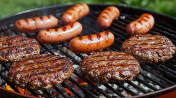 parilla parrilla candente con jugoso hamburguesas y perritos calientes, grapa de verano reuniones foto