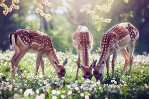 Family of deer grazing in sun-dappled meadow, their coats gleaming in the warm summer sunlight photo