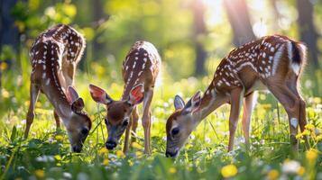 Family of deer grazing in sun-dappled meadow, their coats gleaming in the warm summer sunlight photo