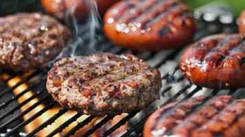 Barbecue grill sizzling with juicy burgers and hotdogs, staple of summer gatherings photo