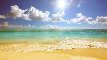 Beach with turquoise waters and golden sands, kissed by the warm sun of summer photo