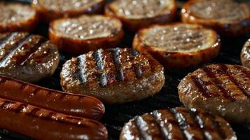 Barbecue grill sizzling with juicy burgers and hotdogs, staple of summer gatherings photo