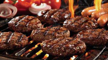 Barbecue grill sizzling with juicy burgers and hotdogs, staple of summer gatherings photo