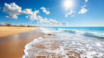 Beach with turquoise waters and golden sands, kissed by the warm sun of summer photo