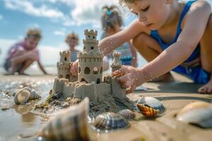 Family building sandcastles on the shore, their creations adorned with seashells and seaweed photo